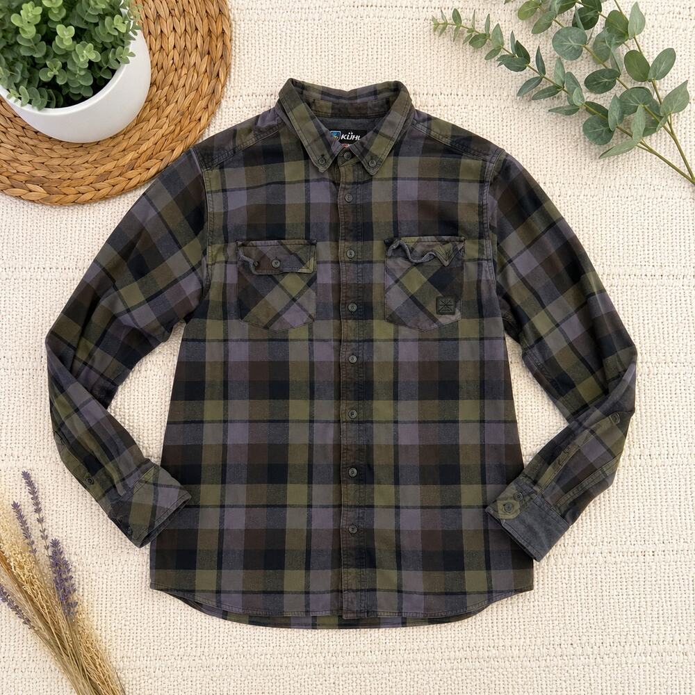 KAVU Plaid Flannel Button Down Shirt Large Green Gray Outdoor Casual